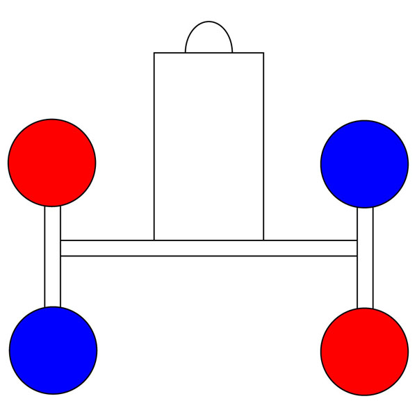 Schema für ein 2-Kreis-Vakuumsystem:Die 4 Sauger sind nun in 2 Vakuumkreise aufgeteilt. Jeder Vakuumkreis hat jetzt 2 Sauger. 2 Sauger hier blau und 2 Sauger rot markiert.