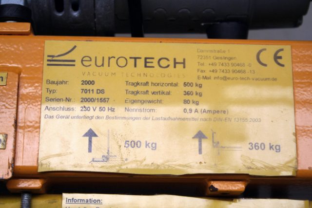 Beispiel für ein Typschild von einem Vakuumheber der Firma Eurotech.