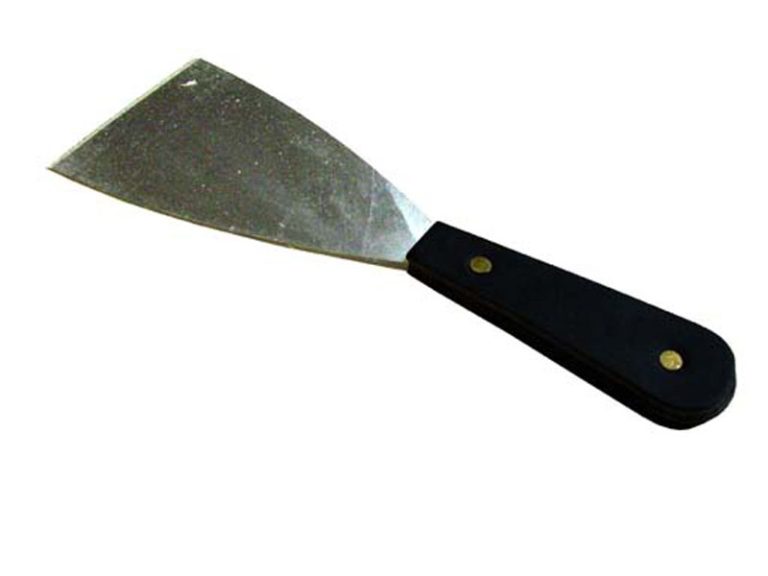 Spachtelförmiger Leistenheber mit einer Klingenbreite von 80 mm kann zum Lösen von Falzleisten oder zum Spalten von Klotzholz verwendet werden. Diese Version hat einen Lederschalengriff.