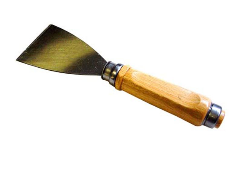 Spachtelförmiger Leistenheber mit einer Klingenbreite von 80 mm kann zum Lösen von Falzleisten oder zum Spalten von Klotzholz verwendet werden. Dieser Leistenheber hat einen schlagfesten Holzgriff.