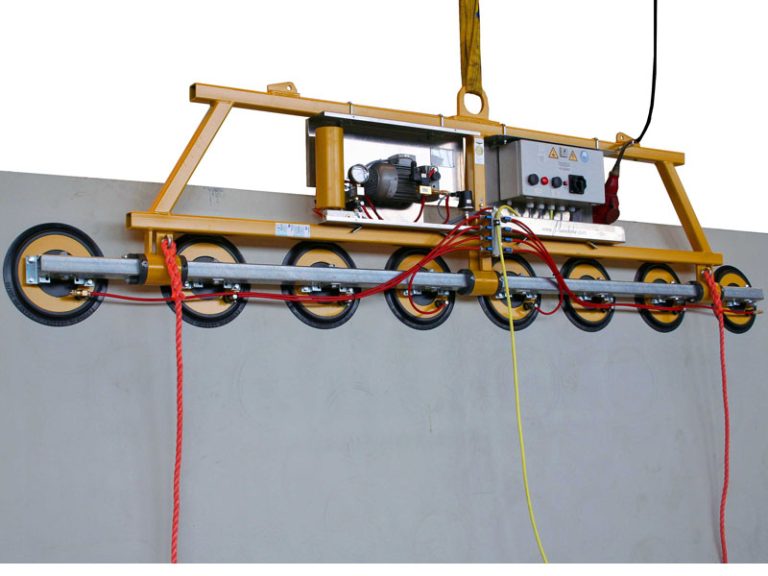 The Kombi 7001-A-1000 vacuum lifter is designed for glass storage. The single-row vacuum lifting device is usually supplied with power from the crane runway. It can be used to move sheet materials up to 6 metres wide in an almost vertically suspended position.
