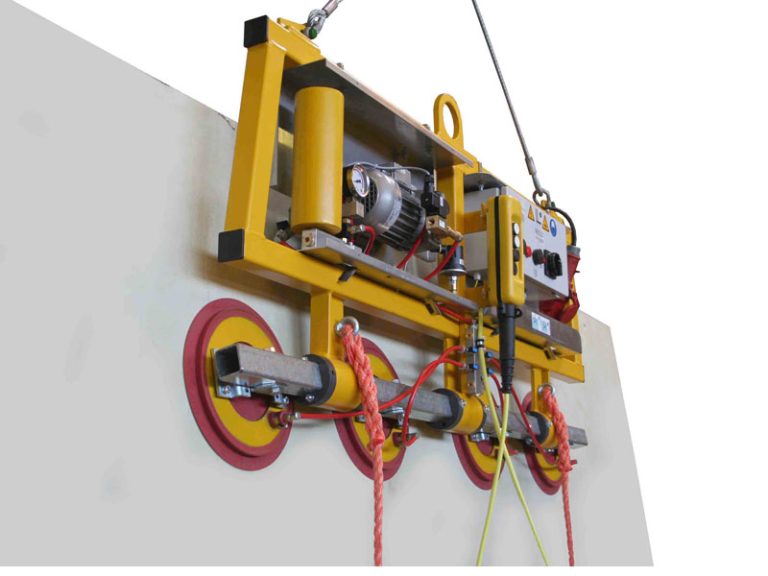 The Kombi 7001-A-1000 vacuum lifter is designed for glass storage. The single-row vacuum lifting device is usually supplied with power from the crane runway. It can be used to move sheet materials up to 6 metres wide in an almost vertically suspended position.