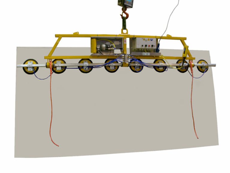 The Kombi 7001-A-1000 vacuum lifter is designed for glass storage. The single-row vacuum lifting device is usually supplied with power from the crane runway. It can be used to move sheet materials up to 6 metres wide in an almost vertically suspended position.