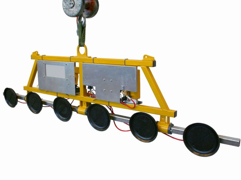 The Kombi 7001-A-1000 vacuum lifter is designed for glass storage. The single-row vacuum lifting device is usually supplied with power from the crane runway. It can be used to move sheet materials up to 6 metres wide in an almost vertically suspended position.
