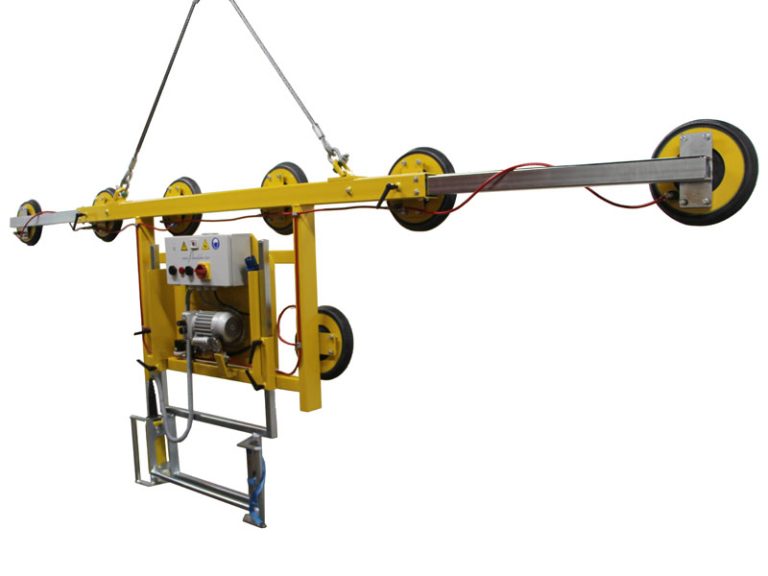 The Kombi 7001-AB vacuum lifting device is designed for glass storage. The original single-row vacuum lifting device has been extended to include a guide handle and at least two lower-hanging suction cups. It can be used to move sheet materials up to 6 metres wide in an almost vertically suspended position.