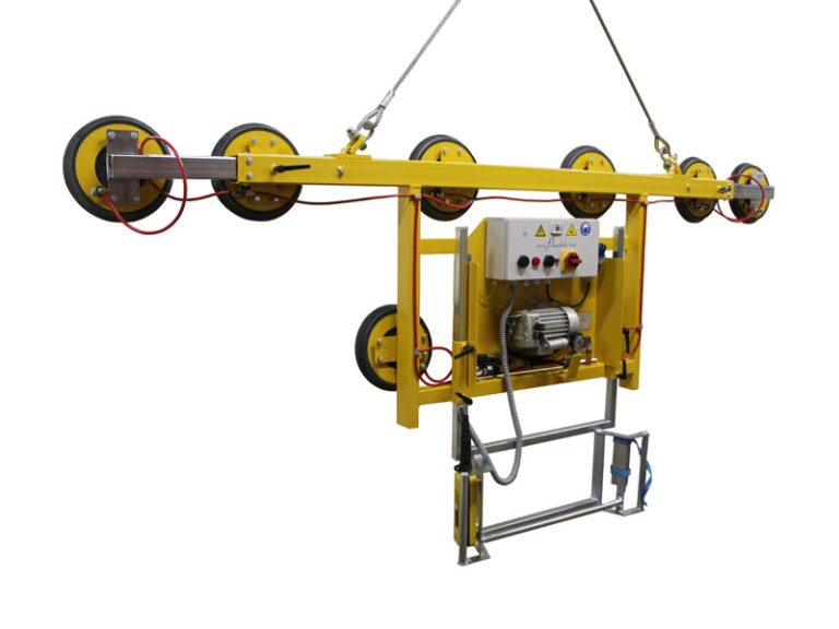 The Kombi 7001-AB vacuum lifting device is designed for glass storage. The original single-row vacuum lifting device has been extended to include a guide handle and at least two lower-hanging suction cups. It can be used to move sheet materials up to 6 metres wide in an almost vertically suspended position.