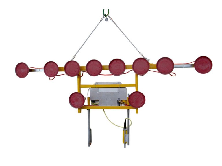 The Kombi 7001-AB vacuum lifting device is designed for glass storage. The original single-row vacuum lifting device has been extended to include a guide handle and at least two lower-hanging suction cups. It can be used to move sheet materials up to 6 metres wide in an almost vertically suspended position.