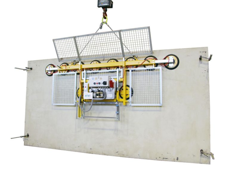 The Kombi 7001-AB vacuum lifting device is designed for glass storage. The original single-row vacuum lifting device has been extended to include a guide handle and at least two lower-hanging suction cups. It can be used to move sheet materials up to 6 metres wide in an almost vertically suspended position.