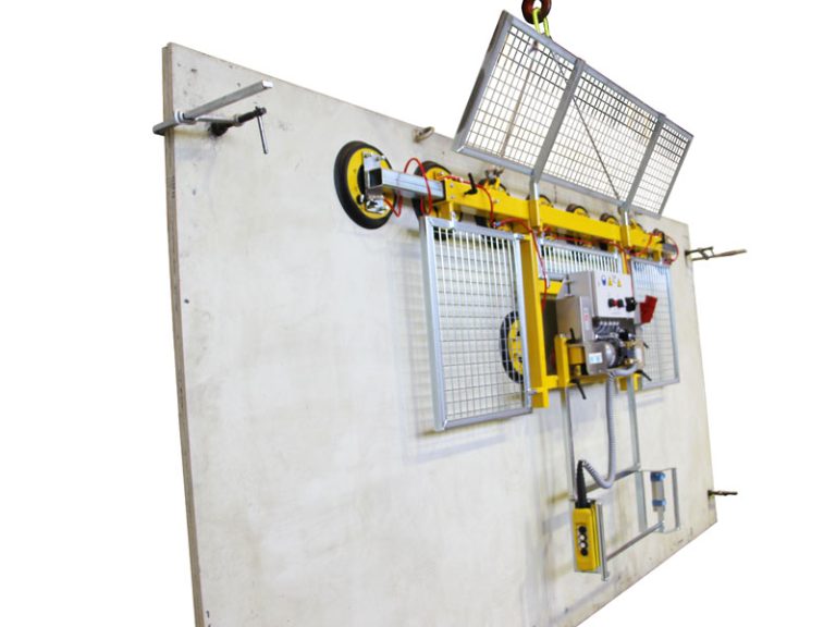 The Kombi 7001-AB vacuum lifting device is designed for glass storage. The original single-row vacuum lifting device has been extended to include a guide handle and at least two lower-hanging suction cups. It can be used to move sheet materials up to 6 metres wide in an almost vertically suspended position.
