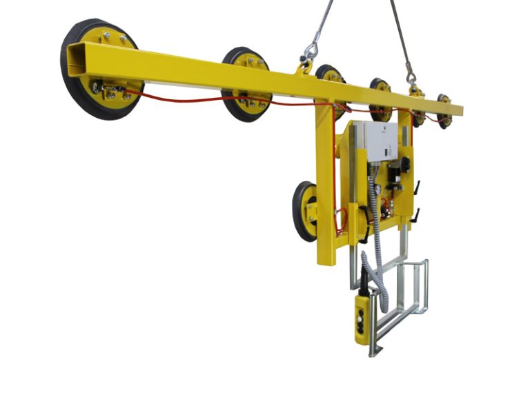 The Kombi 7011-AB-20 vacuum lifting device is designed for glass storage. The original single-row vacuum lifting device has been extended to include a guide handle and at least two lower-hanging suction cups. It can be used to move sheet materials up to 6 metres wide in an almost vertically suspended position.