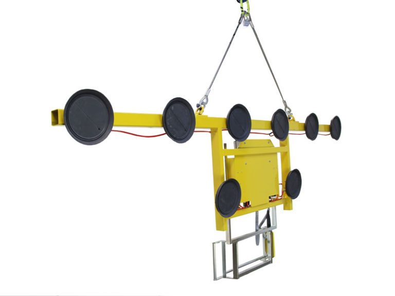 The Kombi 7011-AB-20 vacuum lifting device is designed for glass storage. The original single-row vacuum lifting device has been extended to include a guide handle and at least two lower-hanging suction cups. It can be used to move sheet materials up to 6 metres wide in an almost vertically suspended position.