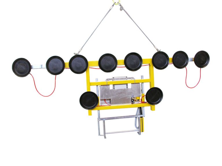 The Kombi 7011-AB-20 vacuum lifting device is designed for glass storage. The original single-row vacuum lifting device has been extended to include a guide handle and at least two lower-hanging suction cups. It can be used to move sheet materials up to 6 metres wide in an almost vertically suspended position.