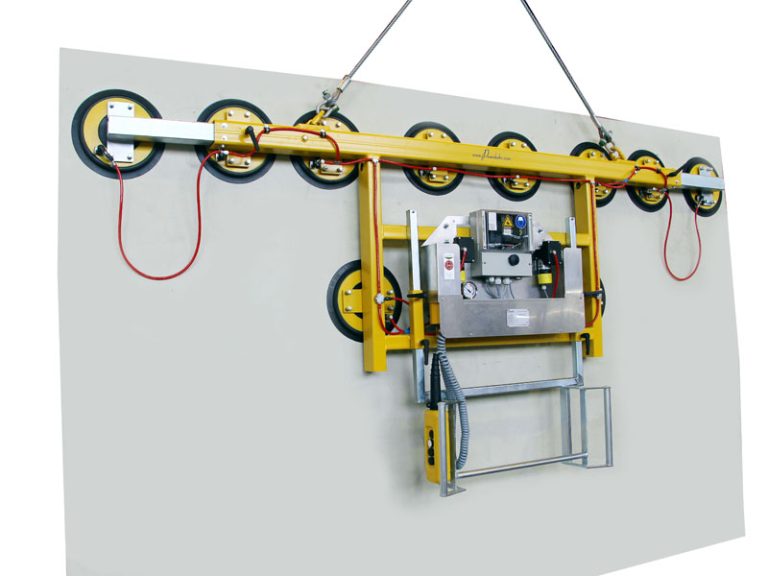 The Kombi 7011-AB-20 vacuum lifting device is designed for glass storage. The original single-row vacuum lifting device has been extended to include a guide handle and at least two lower-hanging suction cups. It can be used to move sheet materials up to 6 metres wide in an almost vertically suspended position.