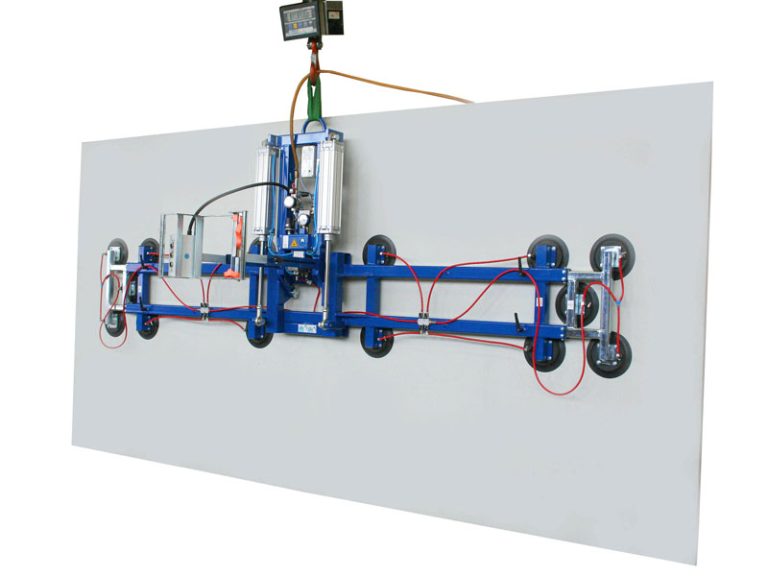 Der Vakuumheber 7025-C-1000-07/E ist der Vakuumlifter zum Abnehmen langer, schmaler VSG-Scheiben von der VSG-Schneidanlage.