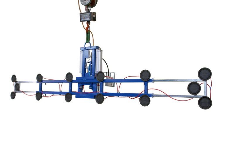 Der Vakuumheber 7025-C-1000-07/E ist der Vakuumlifter zum Abnehmen langer, schmaler VSG-Scheiben von der VSG-Schneidanlage.
