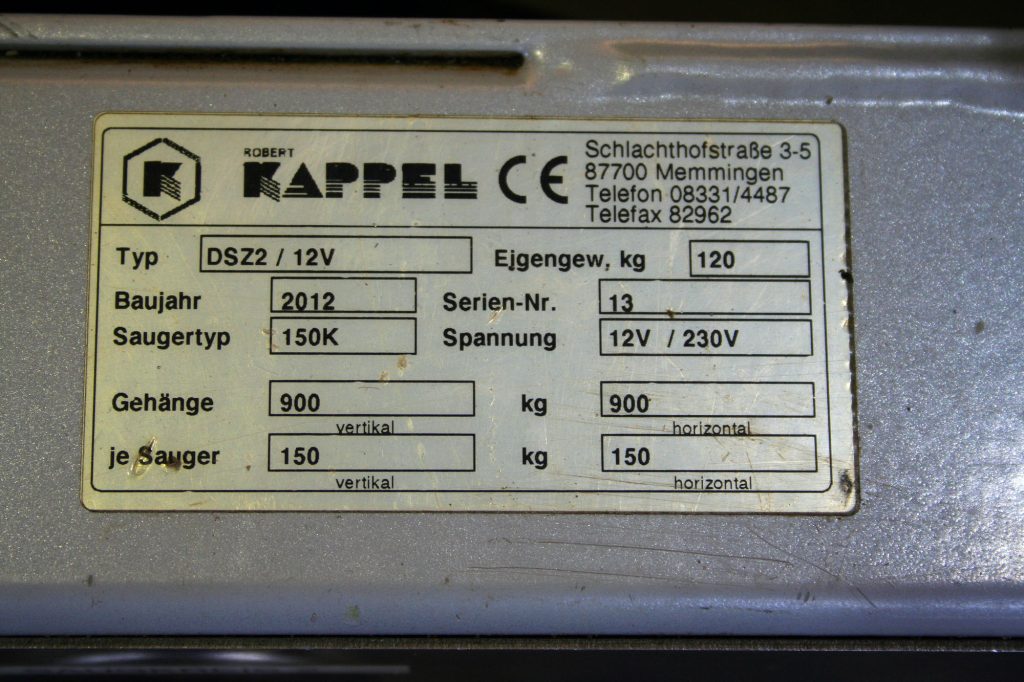 Example of a type plate from a Kappel vacuum lifter.